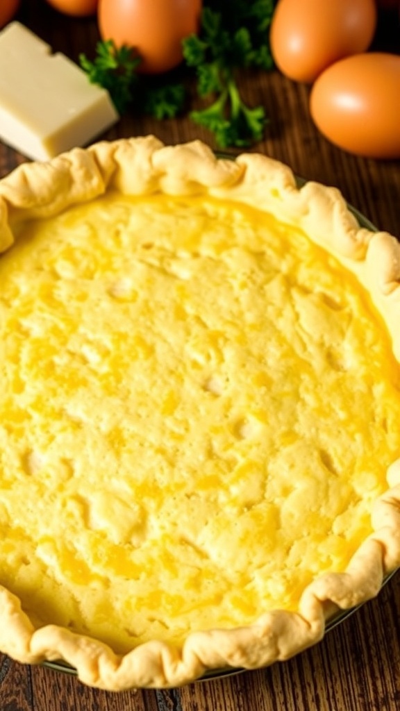 A baked cauliflower quiche crust on a wooden table, surrounded by fresh ingredients.